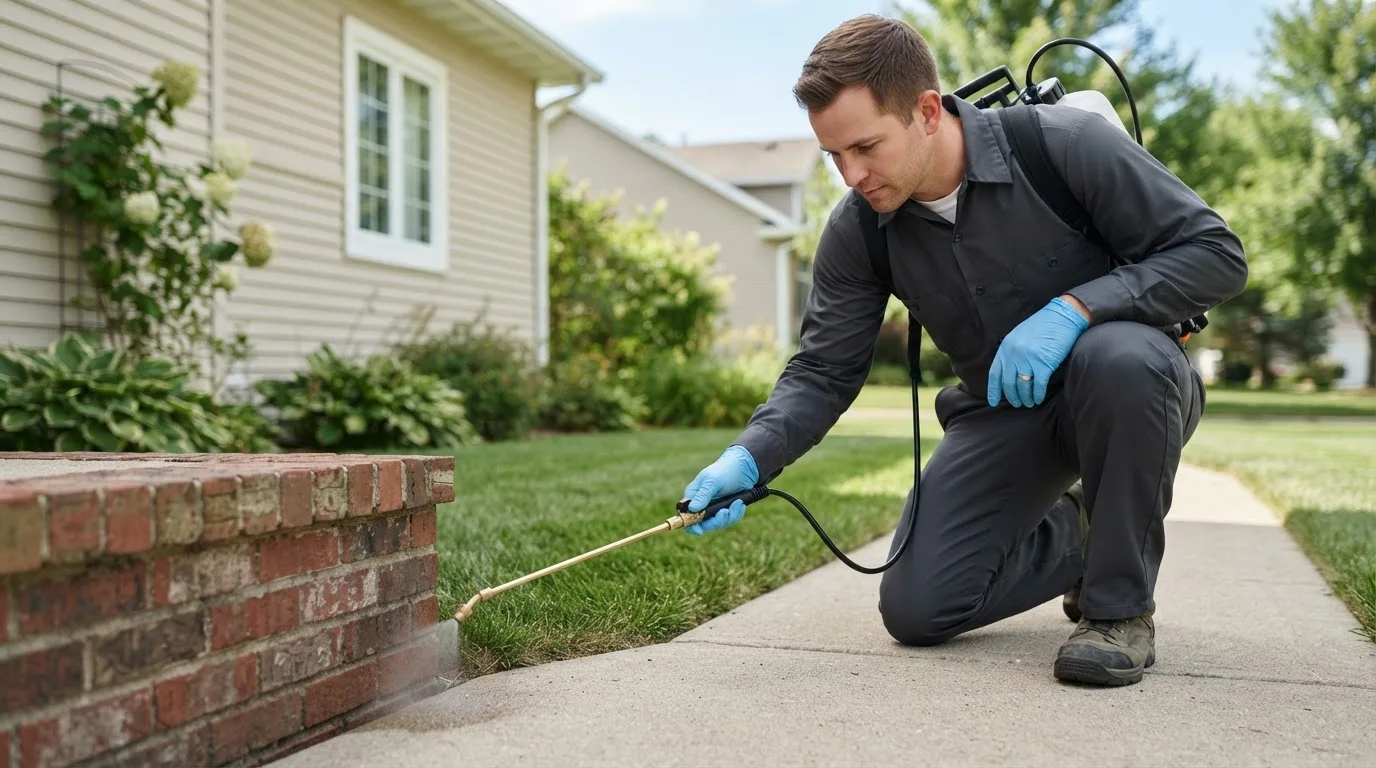 Pest control technician treating a home near Wells, MI