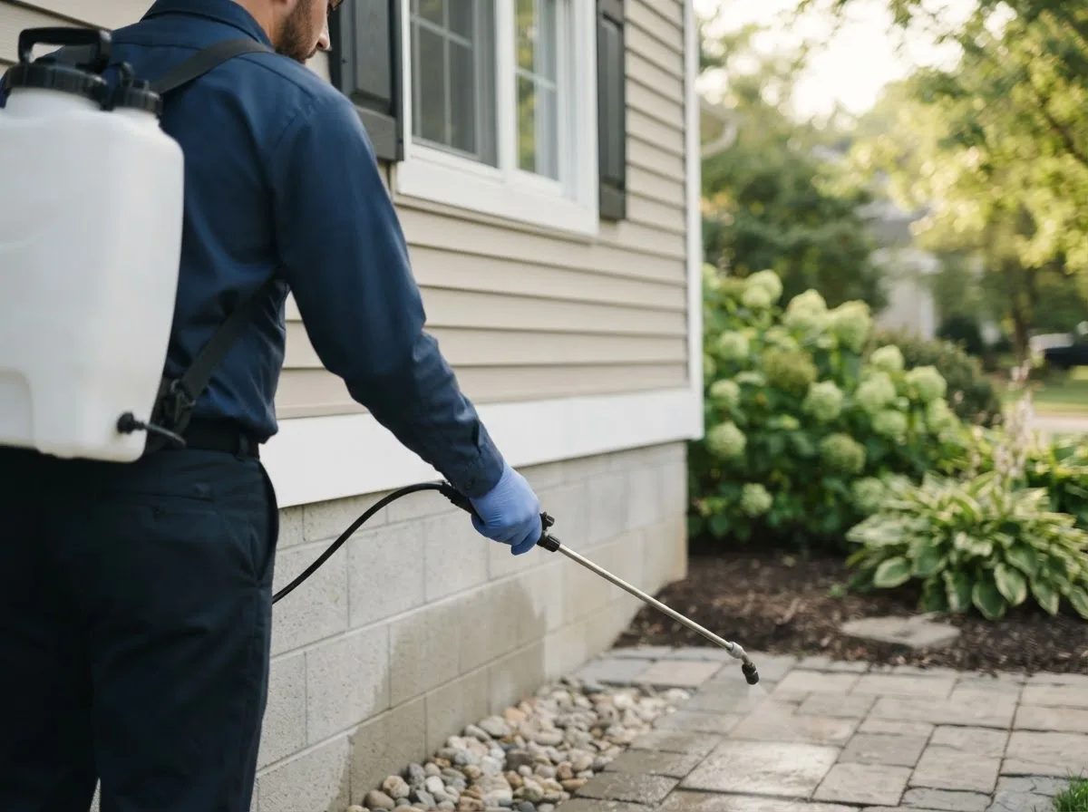 Pest control technician inspecting a home in Wells, MI